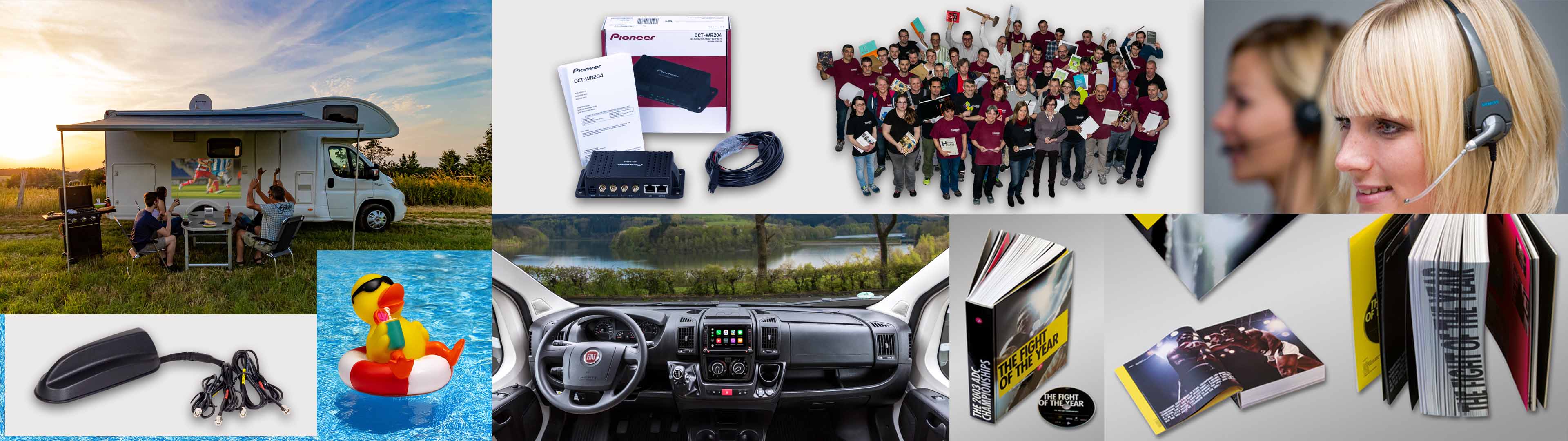 Headerbild Foto & Video – Reisemobil mit Pioneer Beamer und Models, Mobiler Pioneer WLAN-Router, Gruppenbild Buchbinderei Schaumann, Titelbild Ford, Gummiente, Armaturenbrett Fiat Ducato mit Pioneer Bildschirmgerät, Buch The Fight Of The Year