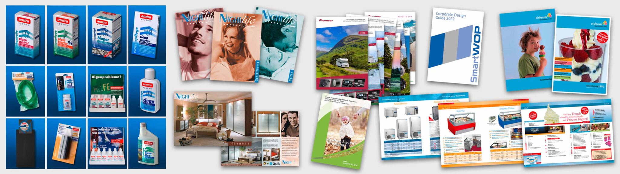 Headerbild Grafik & DTP – amtra Verpackungen, Nolte Nightlife Kataloge, Pioneer Reisemobil-Kataloge, SmartWOP Corporate Design Guide, Eisforum-Kataloge, Subvenio Fundraising-Broschüre