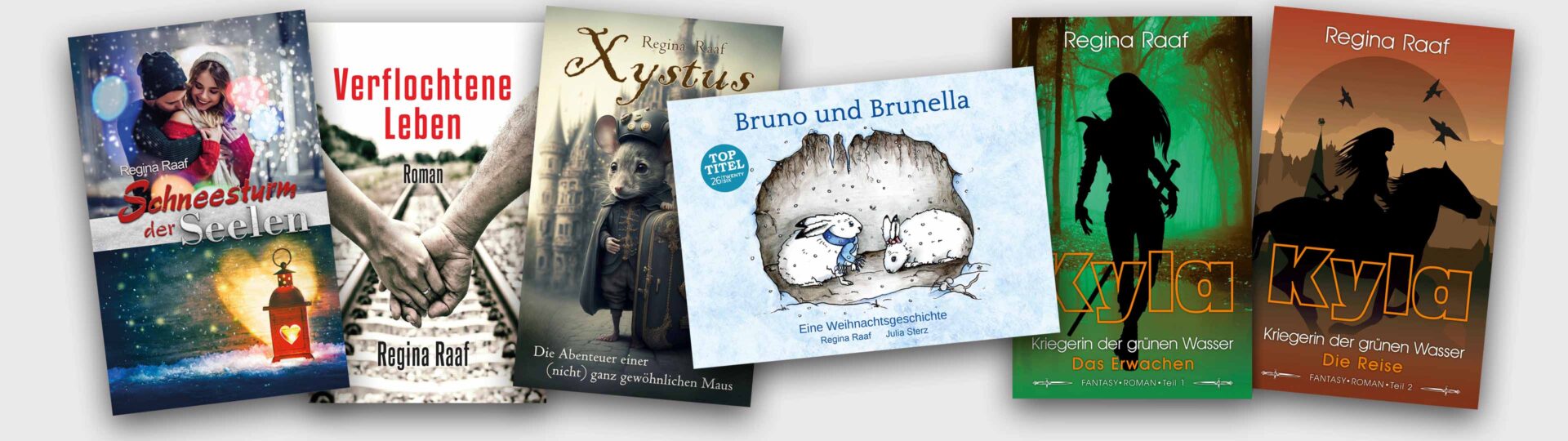 Headerbild Lektorat – Buchtitel von Regina Raaf – Schneesturm der Seelen, Verflochtene Leben, Xystus, Bruno und Brunella, Kyla - Kriegerin der grünen Wasser