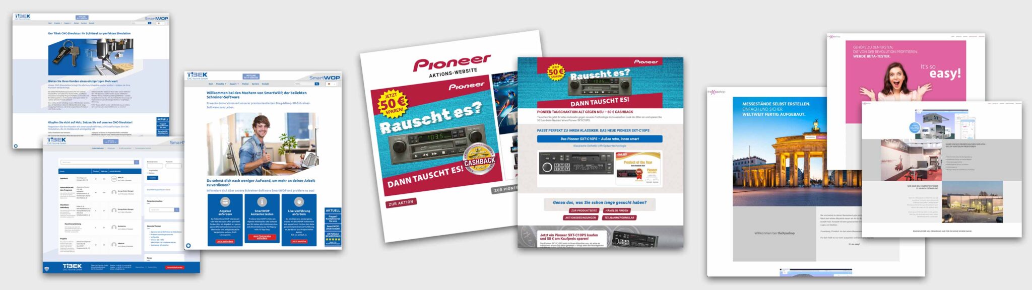 Headerbild Webdesign – pioneer-deutschland.de Aktionswebsite, tibek-cnc-technik.de, forum.tibek-cnc-technik.de, thexposhop.de